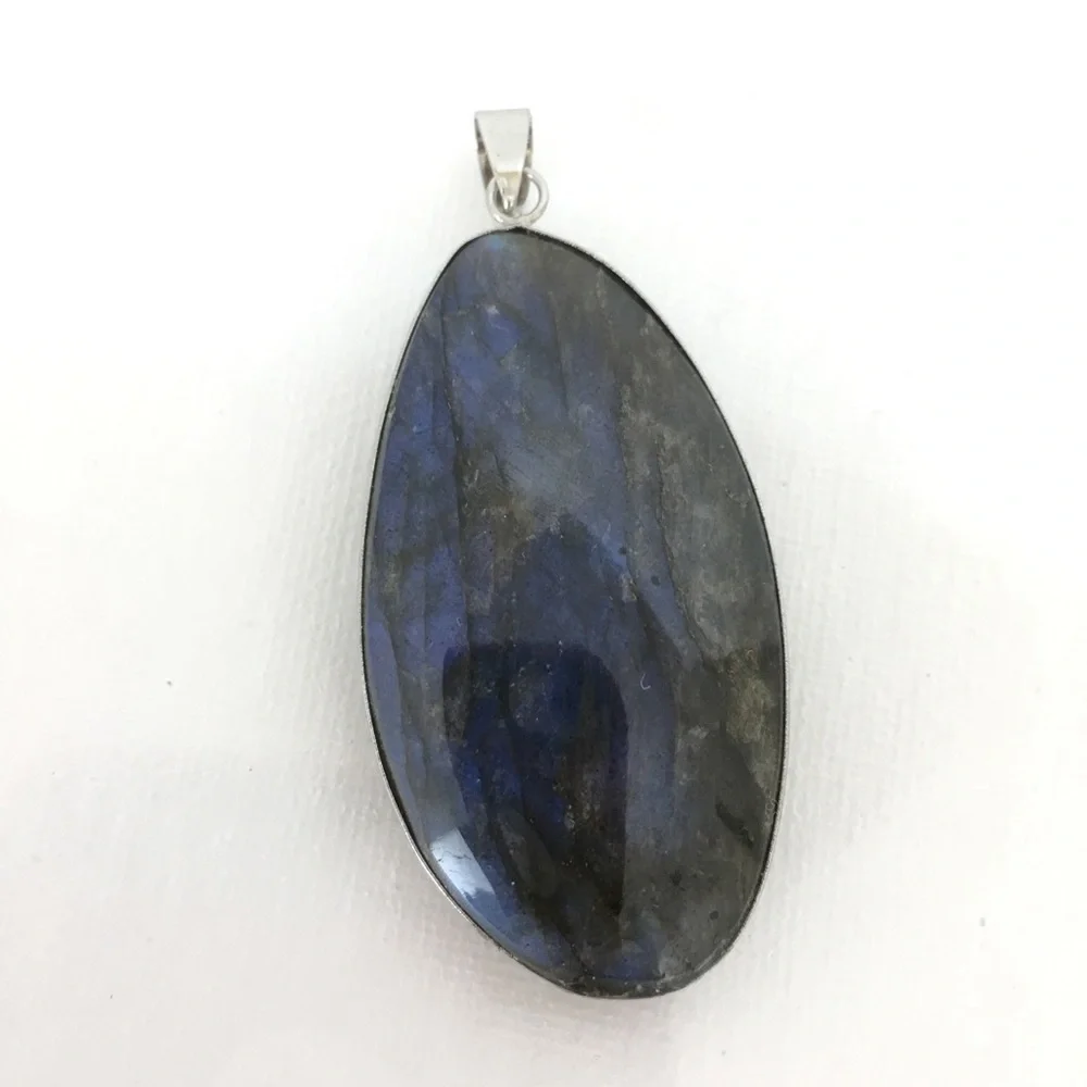 Labradorite Blue Green Flash Large Pendant Oval Natural Stone Silver Metal Wrap